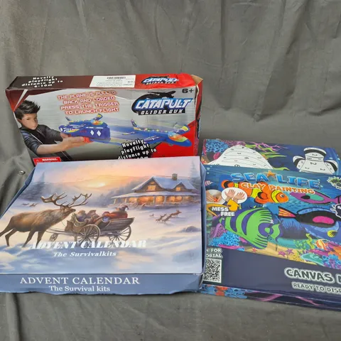 APPROXIMATELY 25 ASSORTED TOYS TO INCLUDE CATAPULT GLIDER GUN, SEA LIFE CLAY PAINTING, ADVENT CALENDAR, 