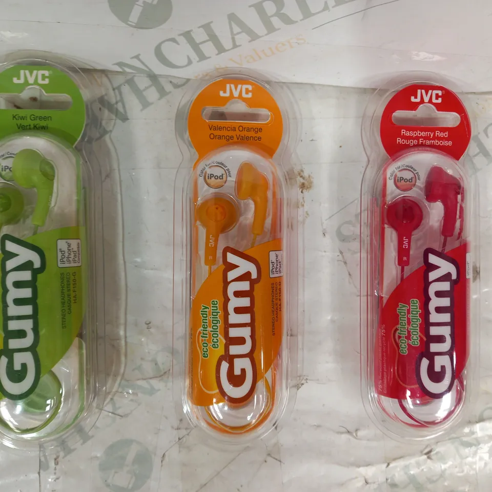 BOX OF APPROXIMATELY 20 ASSORTED JVC GUMY STEREO HEADPHONES IN VARIOUS COLOURS