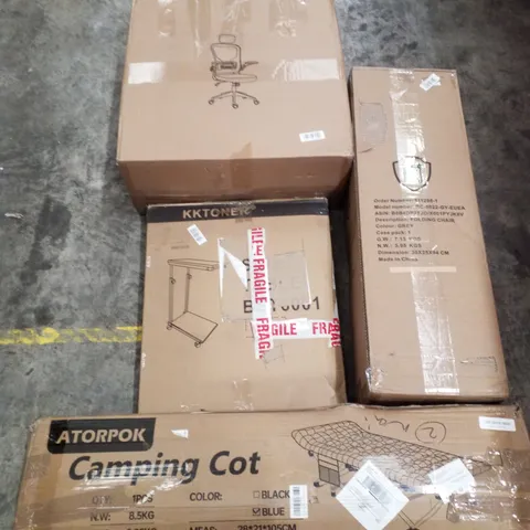 PALLET CONTAINING ASSORTED PRODUCTS INCLUDING OFFICE CHAIR, SIDE TABLE, CAMPING COT & FOLDING CAMPING CHAIR