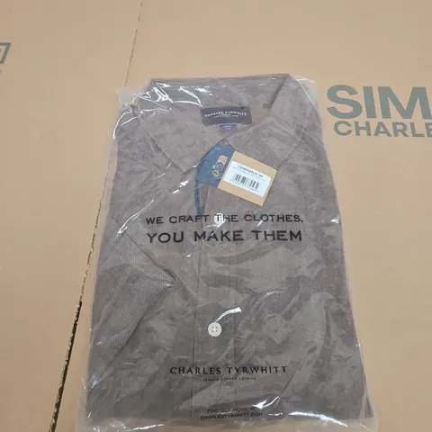 CHARLES TYRWHITT MOCHA SHORT SLEEVE PURE LINEN SLIM FIT SHIRT – MEN’S- SIZE L