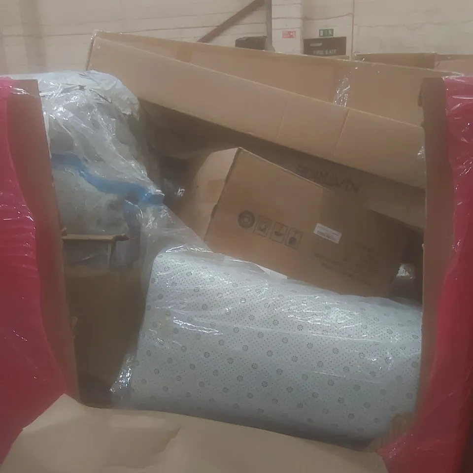 PALLET OF ASSORTED HOUSEHOLD ITEMS AND CONSUMER PRODUCTS TO INCLUDE; BOXED FURNITURE AND MATTRESS TOPPERS