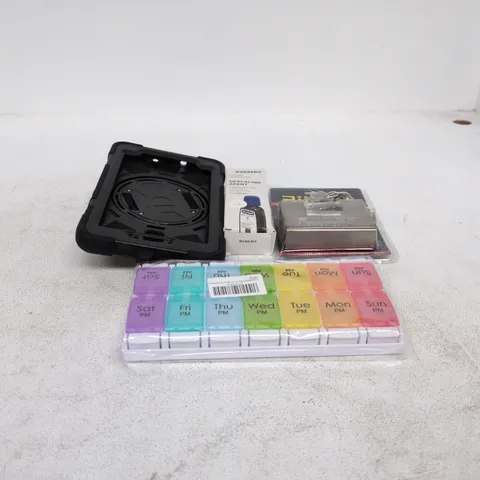 TOTE OF APPROXIMATELY 12 ASSORTED ITEMS TO INCLUDE RIIVER STEEL LOCK, WEEKLY PILL BOX, GERBIT DESCALING AGENT ETC