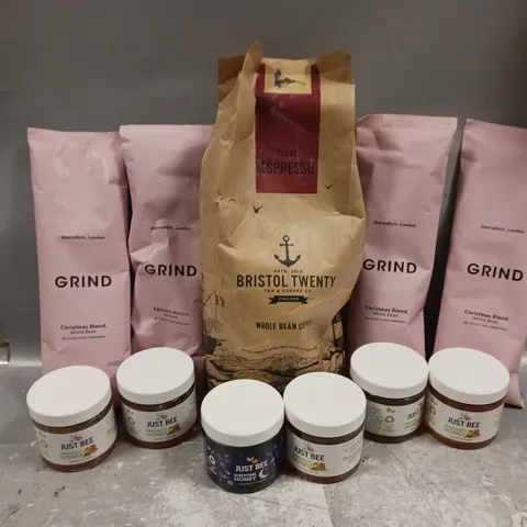 APPROXIMATELY 10 ASSORTED FOOD & DRINK ITEMS TO INCLUDE GRIND CHRISTMAS BLEND, JUST BEE HONEY, POLAR ESPRESSO WHOLE BEAN COFFEE, ETC