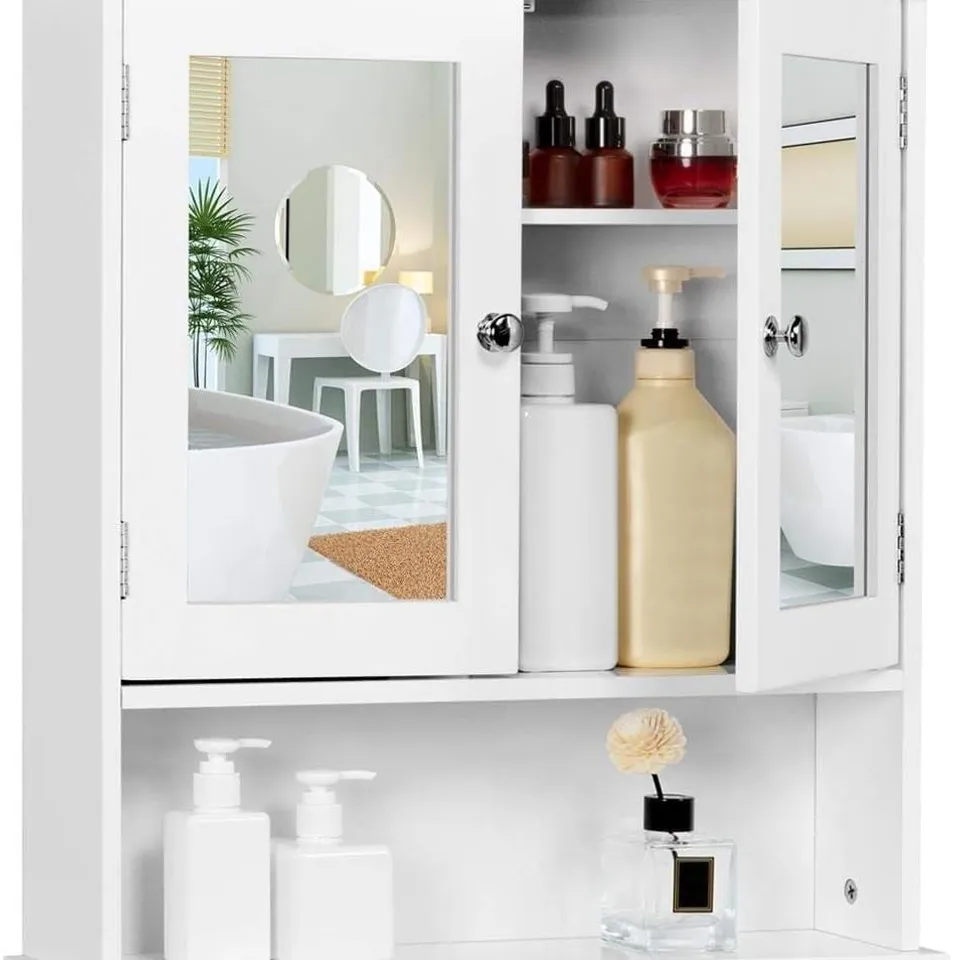 BOXED YAHEETECH WHITE WALL MOUNT CABINET WITH DOUBLE MIRROR DOORS & ADJUSTABLE SHELF