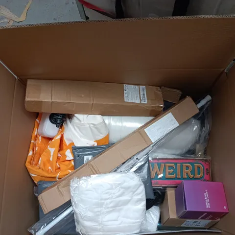 BOX OF APPROXIMATELY 20 ASSORTED GOODS INCLUDING RED PILLOW CASE, SPACEGOODS METAL INSULATED MUG AND LANSINOH DISPOSABLE BREAST PADS