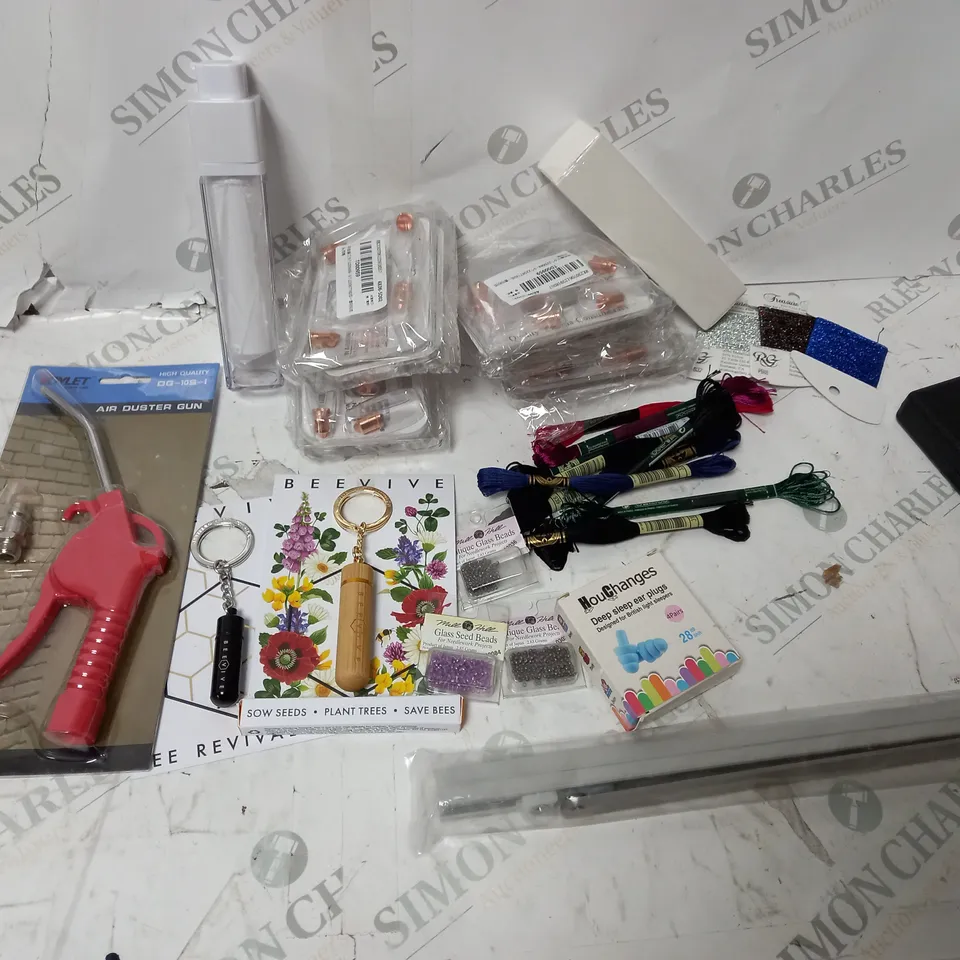 APPROXIAMTELY 20 HOUSEHOLD ITEMS ICLUDING BEEVIVE, EARPLUGS, AIR DUDTER GUN