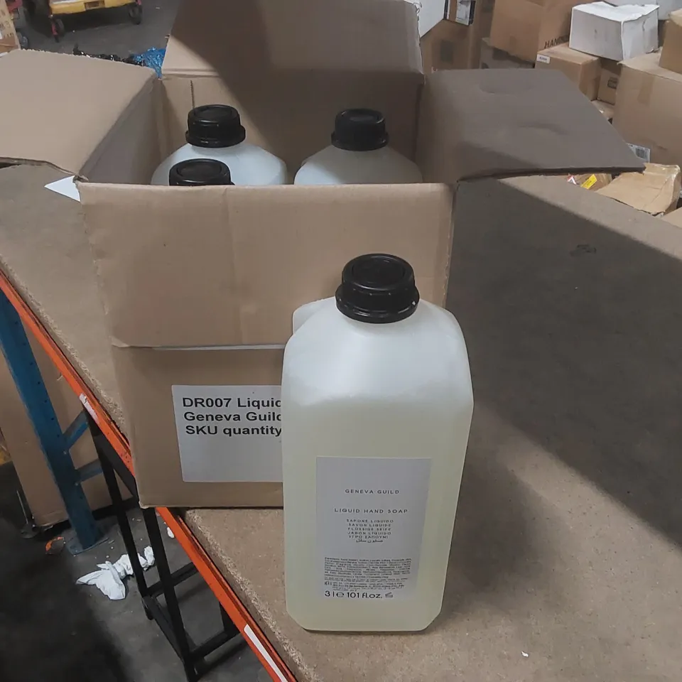 BOX CONTAINING 4x BRAND NEW GENEVA GUILD 3L LIQUID HAND SOAP BOTTLES