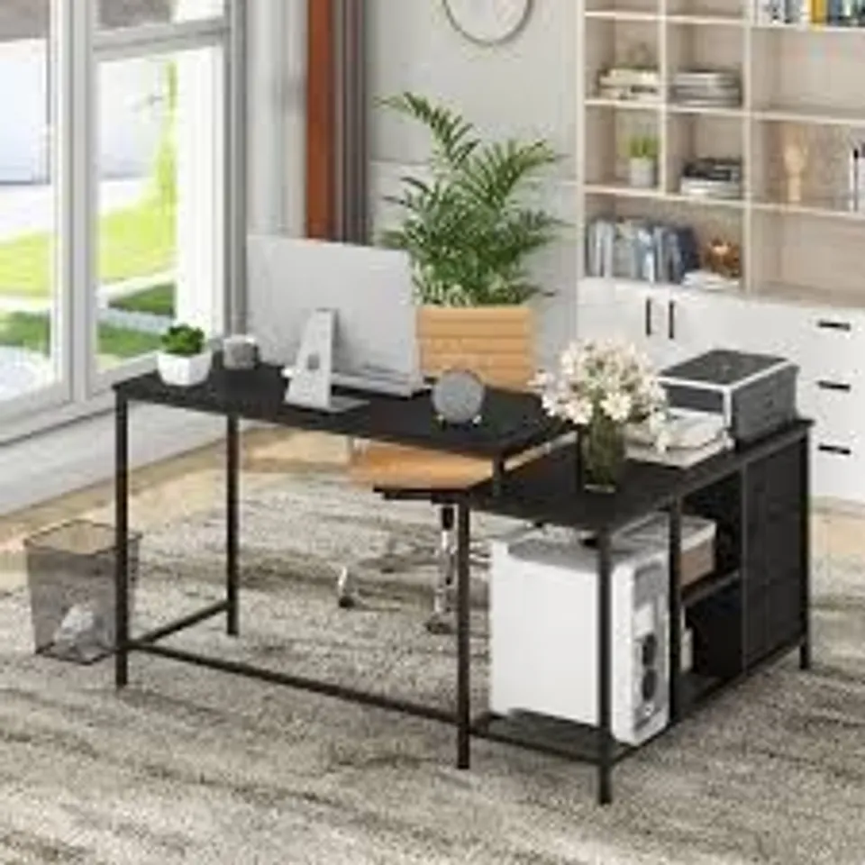 BOXED COSTWAY L-SHAPED COMPUTER DESK WITH DRAWERS SHELVES AND CHARGING STATION 