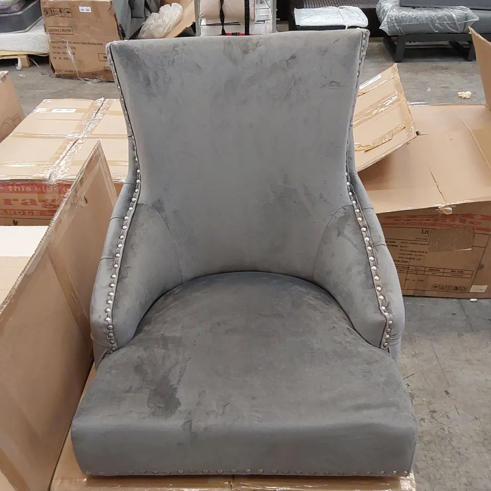 BOXED ELIZABETH DINING CHAIR IN GREY VELVET WITH ROUND CHROME KNOCKER WITH OAK LEGS - SET OF 2