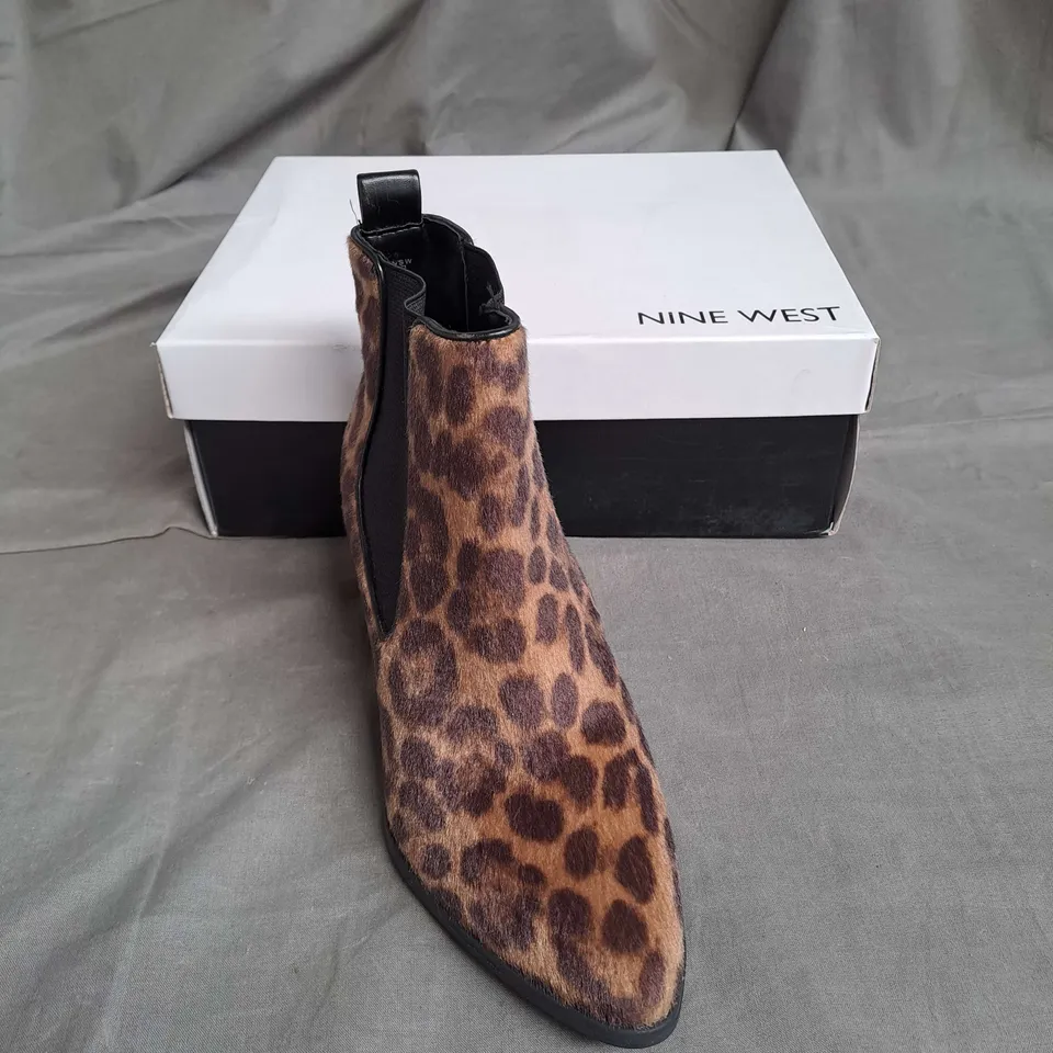 BOXED PAIR OF NINE WEST SUEDE ANKLE BOOTS IN LEOPARD SIZE EU 35