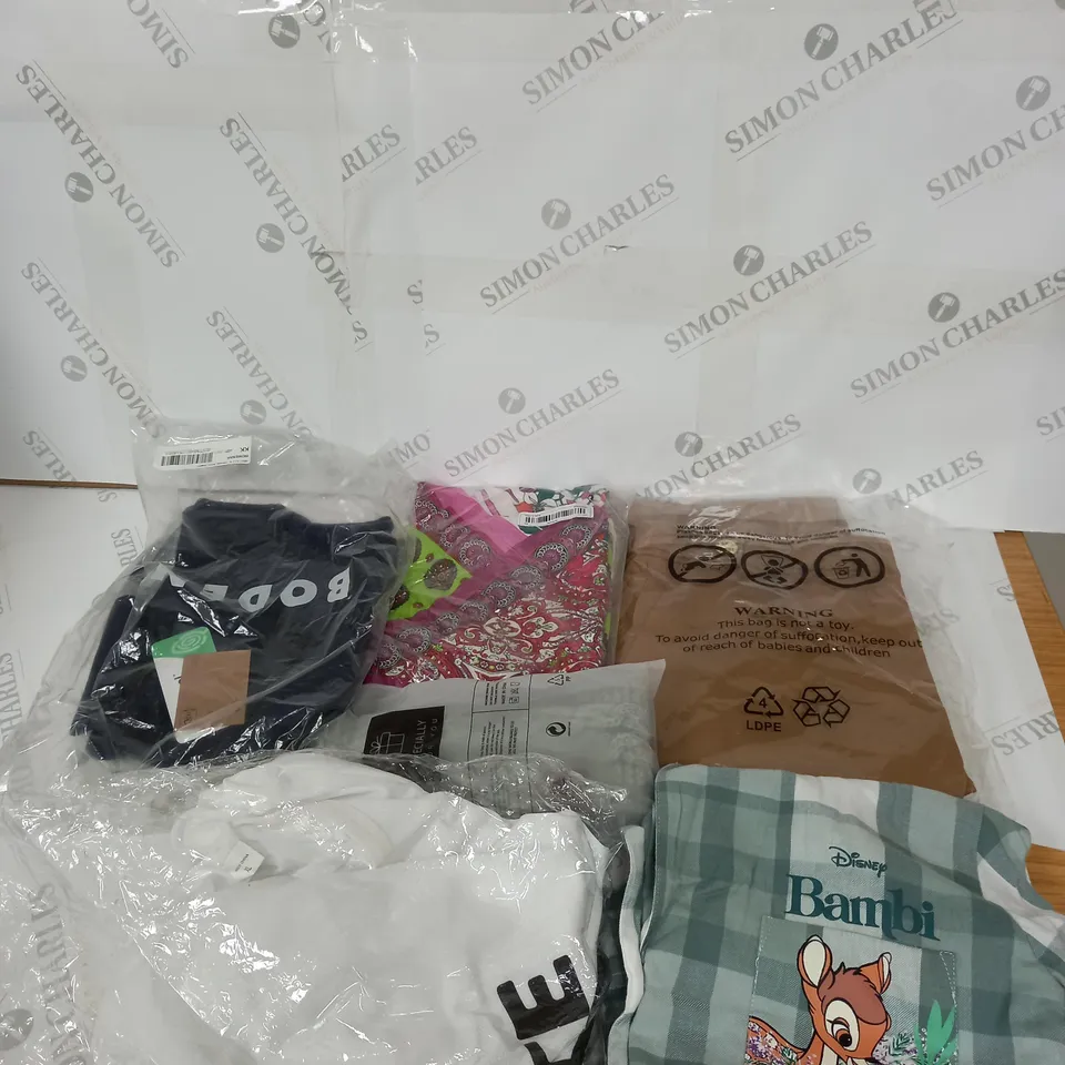 LARGE BOX OF ASSORTED CLOTHING ITEMS IN VARIOUS COLOURS AND SIZES INCLUDING TROUSERS , TOPS AND JUMPERS 