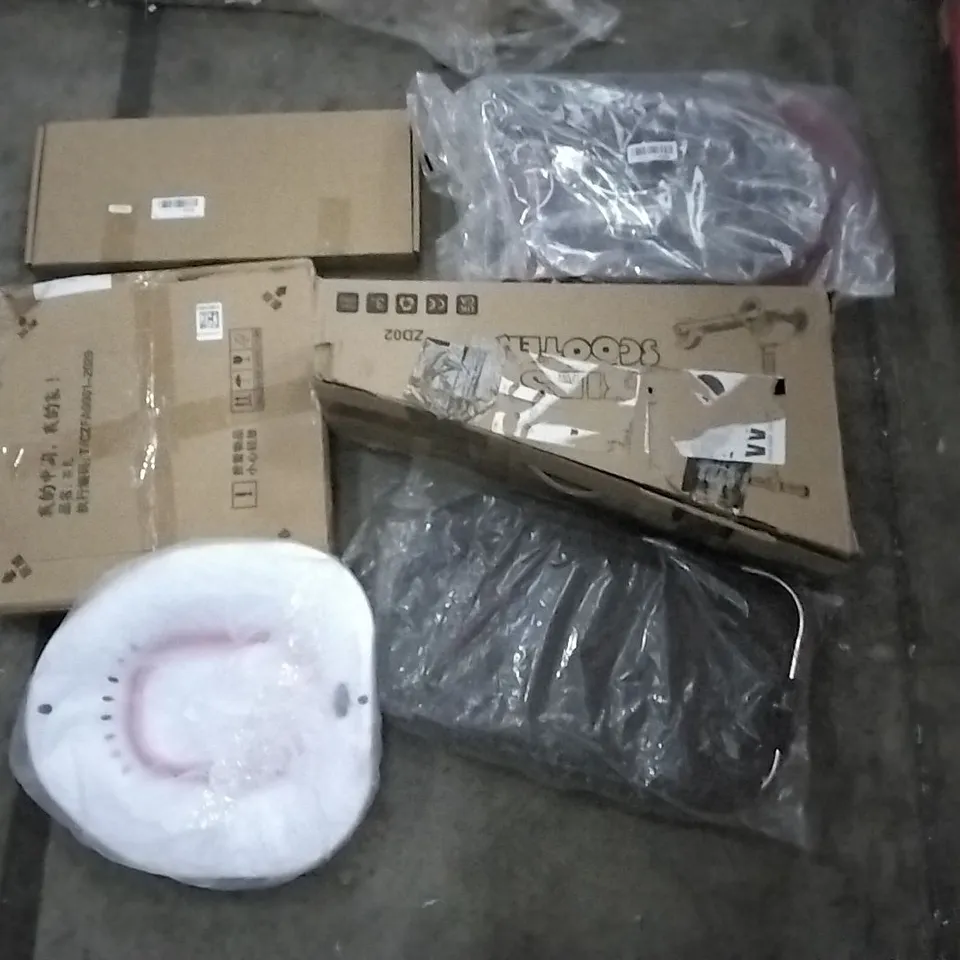 PALLET OF ASSORTED PRODUCTS INCLUDING D SHAPE TOILET SEAT, KIDS SCOOTER, SPACE PLAY TENT, G4FREE UMBRELLA, AIR COOLER, DESK CHAIR