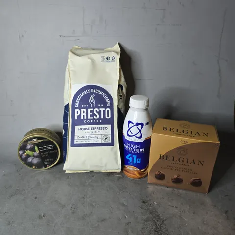 APPROXIMATELY 8 ASSORTED FOOD & DRINK ITEMS TO INCLUDE -  M&S BELGIAN CHOCOLATE , PRESTO COFFEE , BLACKCURRANT DROPS ETC