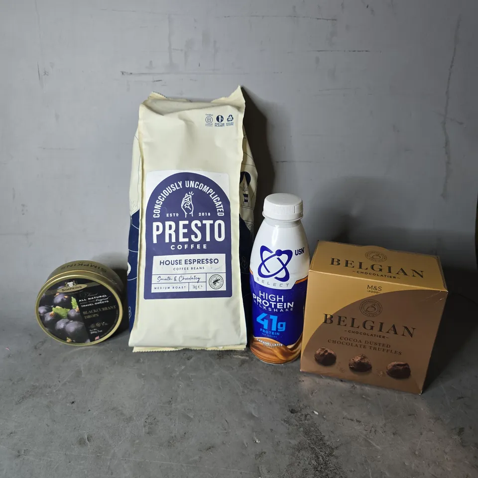APPROXIMATELY 8 ASSORTED FOOD & DRINK ITEMS TO INCLUDE -  M&S BELGIAN CHOCOLATE , PRESTO COFFEE , BLACKCURRANT DROPS ETC