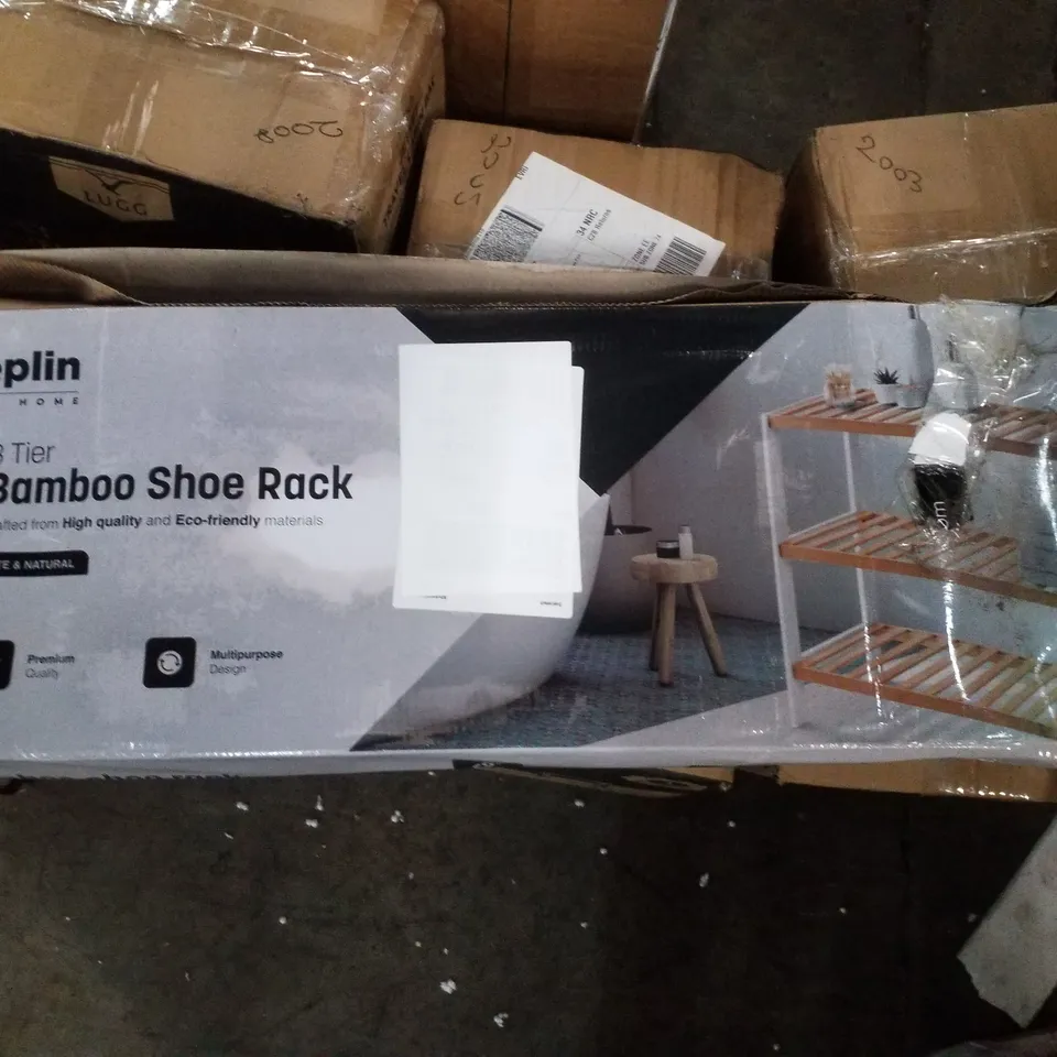 BOXED KEPLIN 3 TIER BAMBOO SHOE RACK - WHITE & NATURAL 