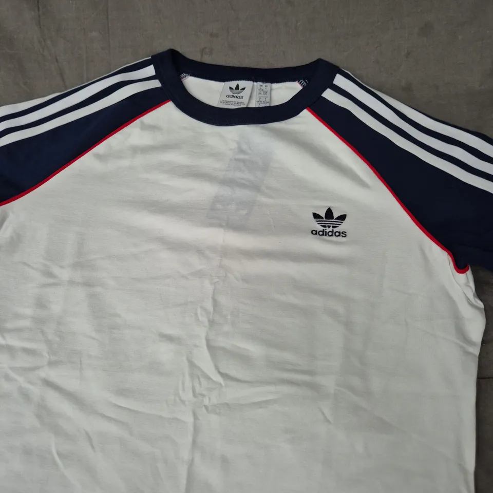 ADIDAS WHITE T-SHIRT WITH NAVY SLEEVES AND 3-STRIPES – SIZE LARGE ' 16/18