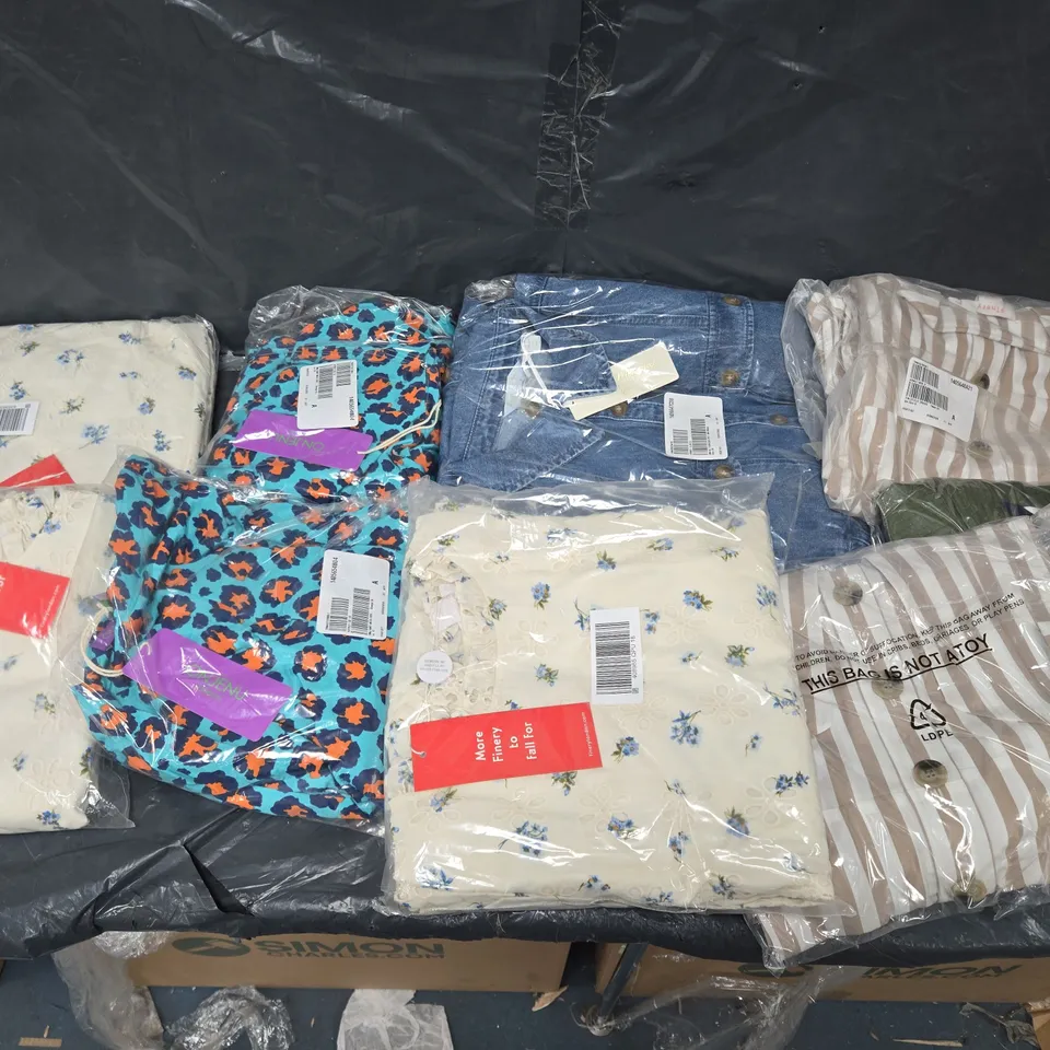 BOX OF APPROXIMATELY 10 ASSORTED BAGGED PIECES OF CLOTHING IN VARIOUS STYLES, SIZES, AND BRANDS 