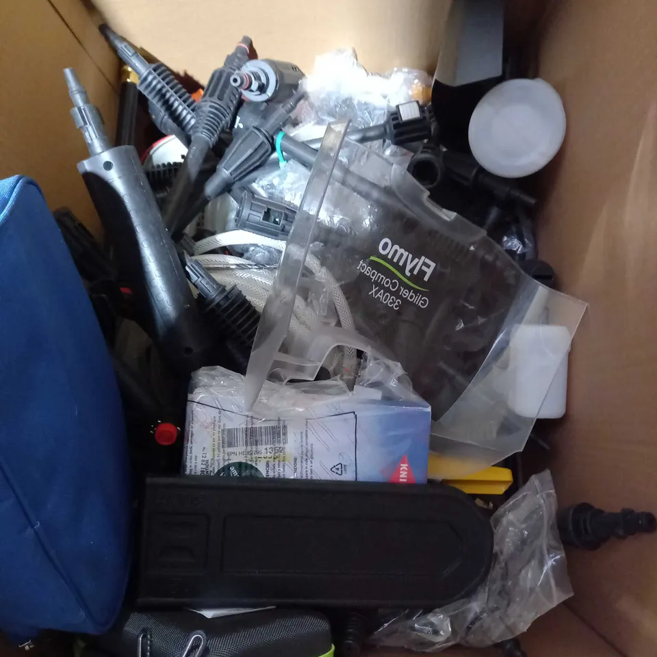 LARGE BOX OF APPROX 2O ASSORTED TO INCLUDE: PREASSURE WASHER PARTS, HOUSE HOLD ITEMS