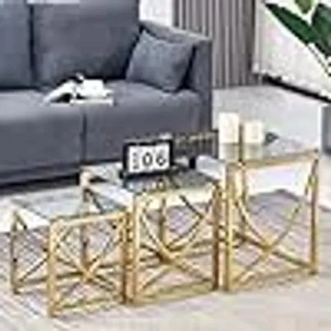 BOXED SET OF 3 GOLD GLASS COFFEE TABLE LIVING ROOM NESTING TABLES SQUARE BLACK GREY TEMPERED GLASS