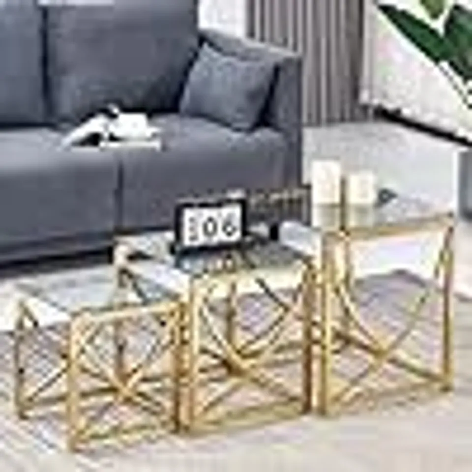 BOXED SET OF 3 GOLD GLASS COFFEE TABLE LIVING ROOM NESTING TABLES SQUARE BLACK GREY TEMPERED GLASS