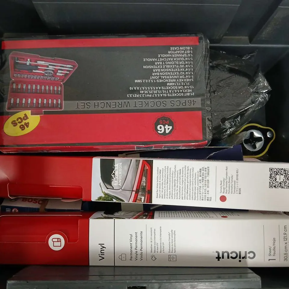 APPROXIMATELY 10 ASSORTED VEHICLE PARTS & ACCESORIES TO INCLUDE CRICUT VINYL, 46 PCS SOCKET WRENCH SET, BOSCH SPARK PLUG, ETC