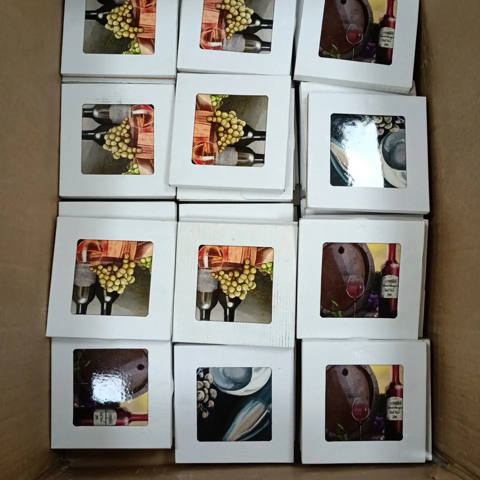 BOX OF ASSORTED TILES WITH WINE/FLORAL DECAL