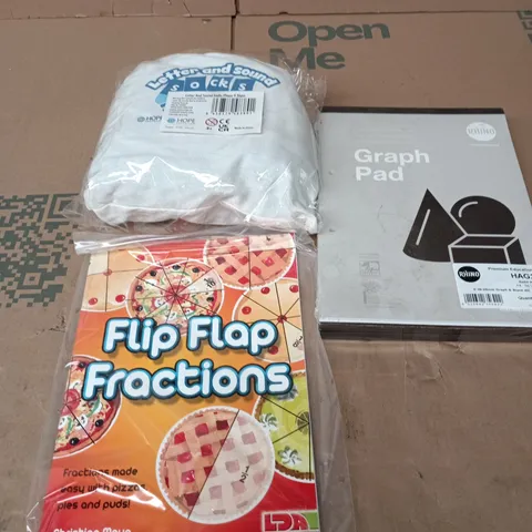 APPROXIMATELY 12 ASSORTED ITEMS TO INCLUDE FLIP FLOP FRACTIONS, LETTER AND SOUNDS SOCKS PHASE 4, GRAPH PAD, ETC