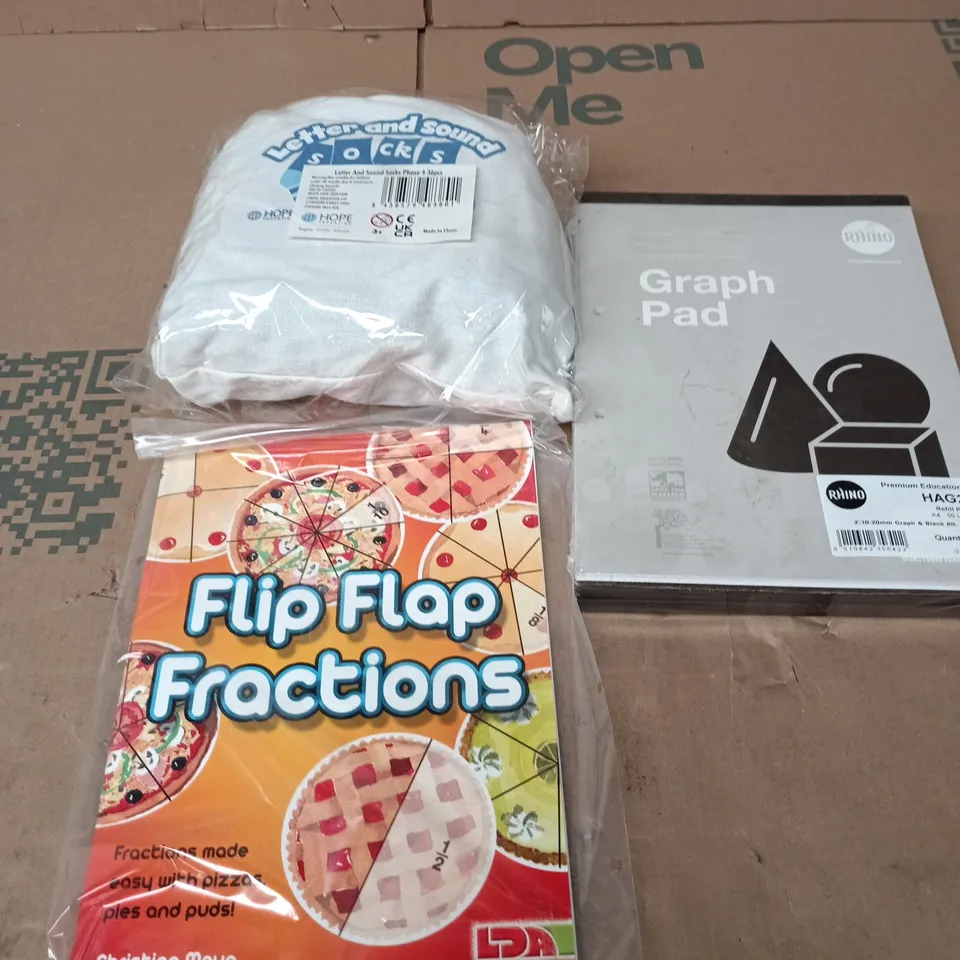 APPROXIMATELY 12 ASSORTED ITEMS TO INCLUDE FLIP FLOP FRACTIONS, LETTER AND SOUNDS SOCKS PHASE 4, GRAPH PAD, ETC