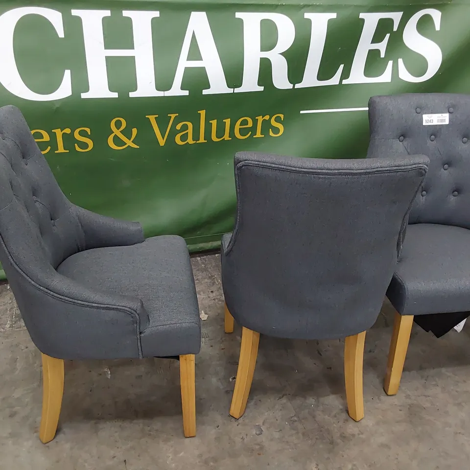 SET OF FOUR UPHOLSTERED BUTTONED BACK DINING CHAIRS CHARCOAL FABRIC ON NATURAL LEGS 