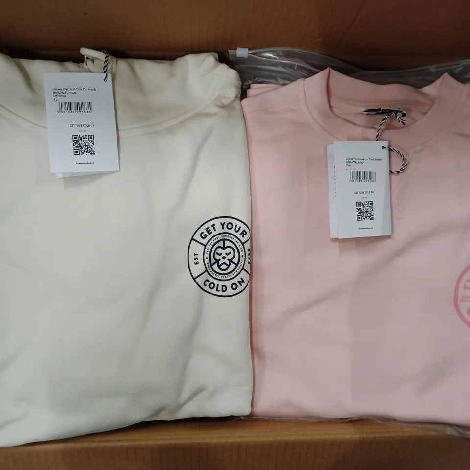 BOX OF MIXED ASSORTMENT OF BRAND NEW BRASS MONKEY CLOTHING ITEMS INCLUDING - SWEATERS, HOODIES, - MIXED SIZES - APPROXIMATELY 18X ITEMS