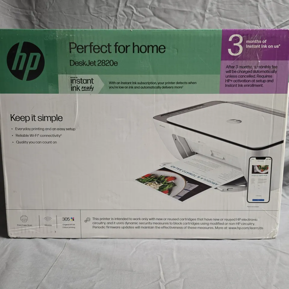 HP DESKJET 2820E PRINTER - BOXED, BOX AND PRINTER SHOWN