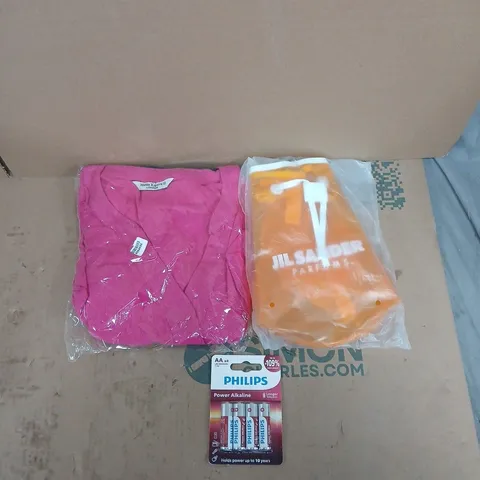 LARGE QUANTITY OF ASSORTED ITEMS TO INCLUDE PHILIPS BATTERIES, JIL SANDER GIFT BAG, ASSORTMENT OF CLOTHING IN VARIOUS SIZES, ETC - COLLECTION ONLY