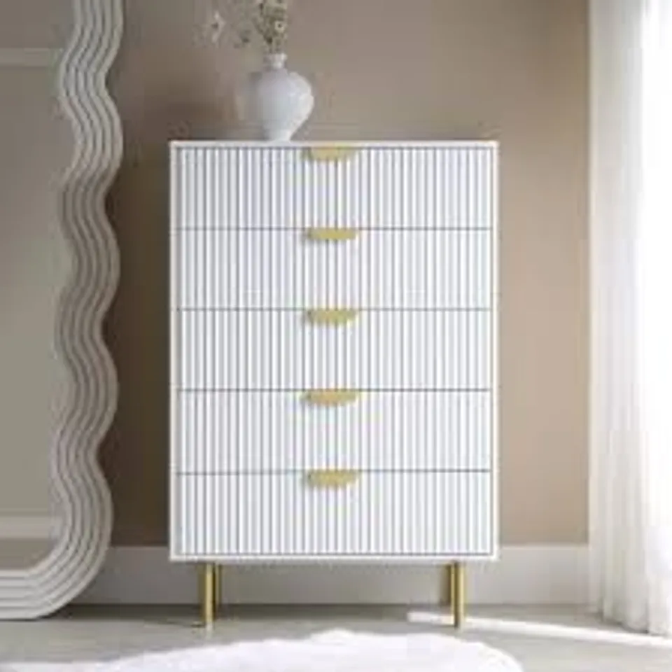 BOXED RIDGED WHITE AND GOLD 5 DRAWER BEDSIDE TABLE (2 BOXES)