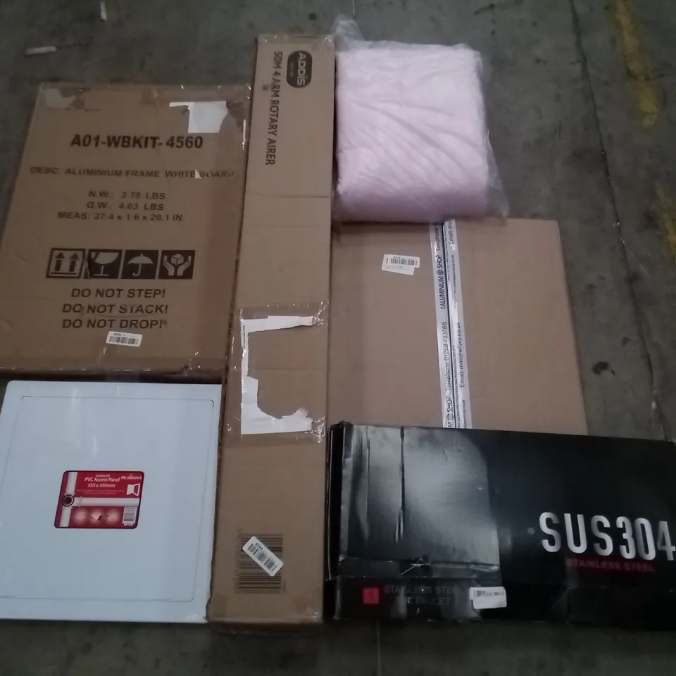 PALLET OF ASSORTED ITEMS INCLUDING ALUMINIUM FRAME WHITE BOARD, 50M 4 ARM ROTARY AIRER, PVC ACCESS PANEL, WEIGHTED BLANKET, STAINLESS STEEL KITCHEN FAUCET, 0.9M THICK BRUSHED ALUMINIUM SHEET
