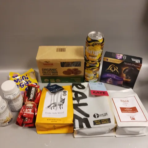 APPROXIMATELY 10 ASSORTED FOOD/DRINK PRODUCTS TO INCLUDE YAFFA ORGANIC MEDJOUL DATES, HAVEN COFFEE, L'OR XXL COFFEE CAPSULES ETC 