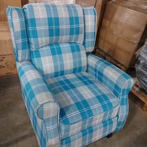 RECLINING BLUE CHEQUERED ARM CHAIR
