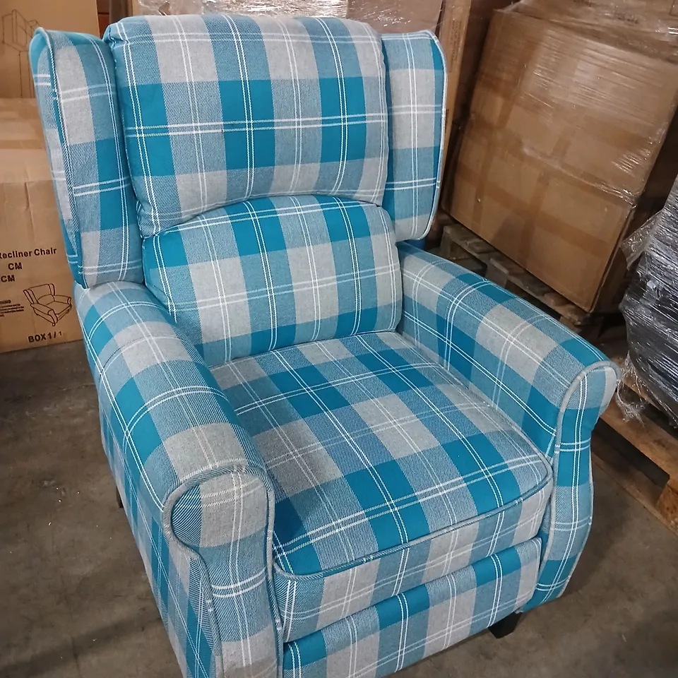 RECLINING BLUE CHEQUERED ARM CHAIR