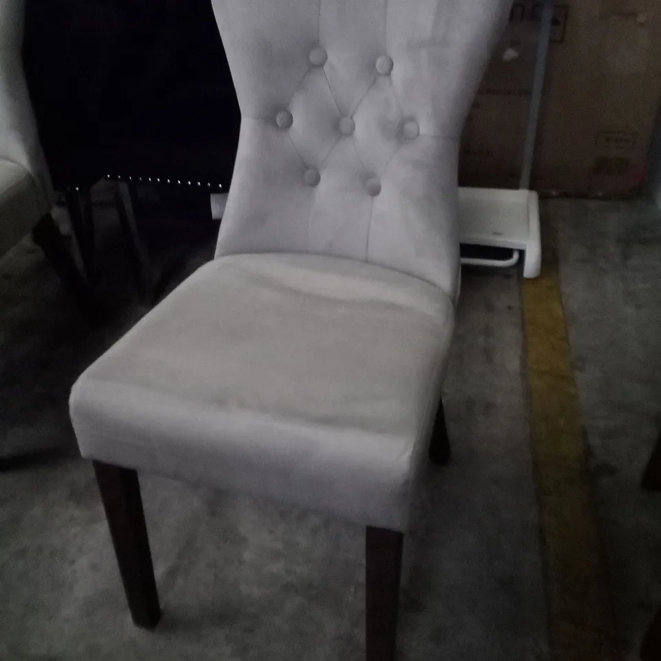 PAIR OF SILVER FABRIC DINING CHAIRS WITH WALNUT LEGS