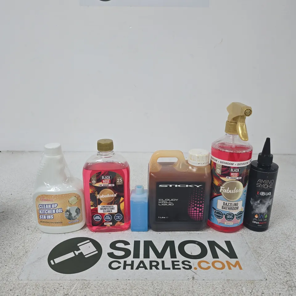 APPROXIMATELY 10 ASSORTED ITEMS INCLUDING CENMALL DEGREASER STAIN REMOVER, FABULOSA CONCENTRATED DISINFECTANT CLEANER AND STICKY CLOUDY KRILL LIQUID