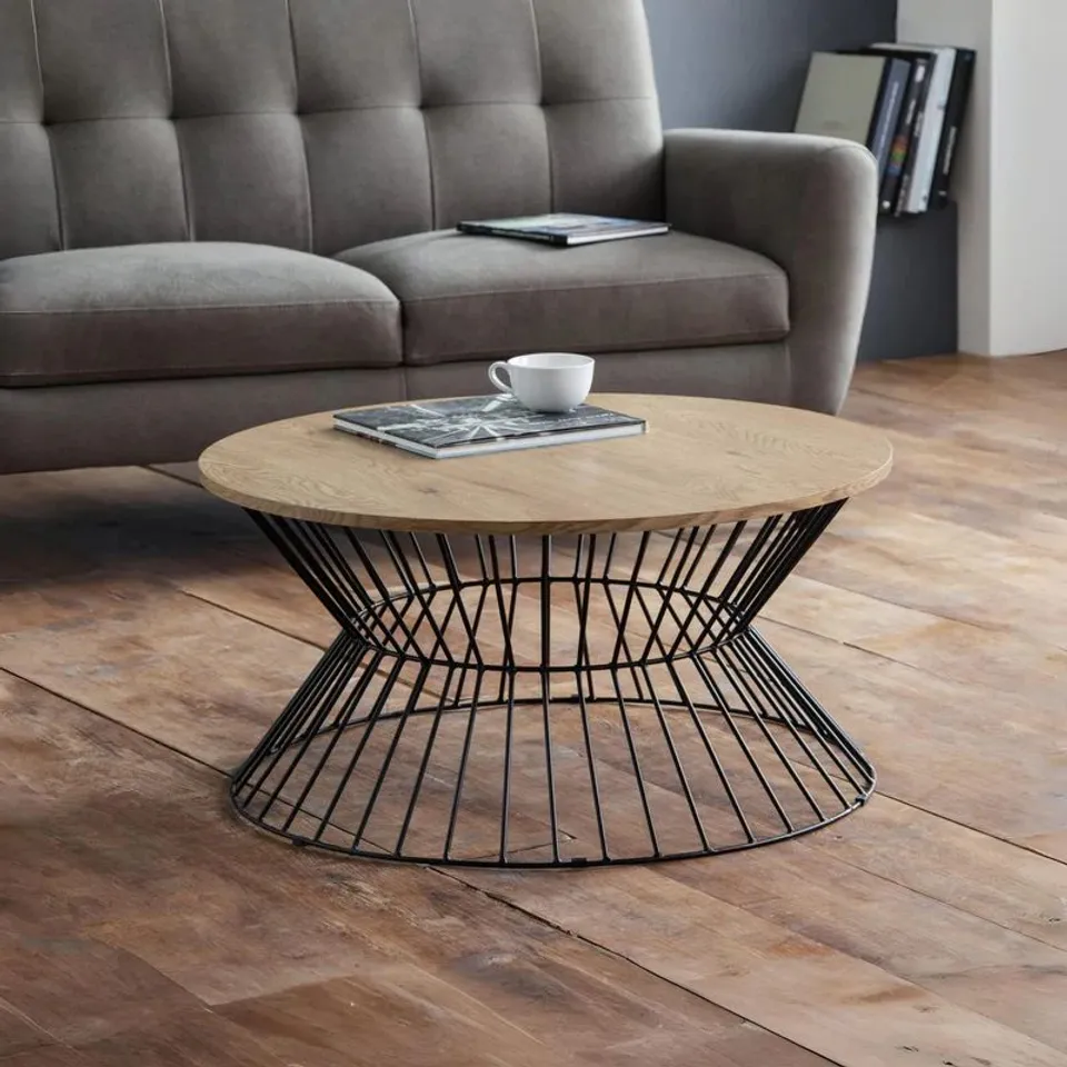 BOXED JERSEY ROUND WIRE COFFEE TABLE - BLACK/OAK (1 BOX)