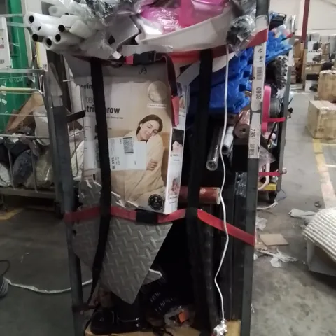 CAGE OF ASSORTED HOUSEHOLD GOODS AND PRODUCTS TO INCLUDE;HEATED THROW,WEIGHTED SAND BAGS,COAT HANGERS,EGG BOILER