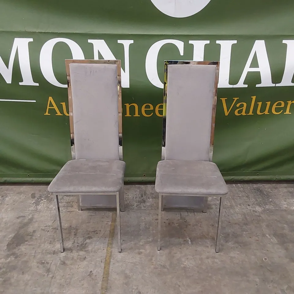 SET OF 2 CELESTE GREY VELVET AND CHROME DINING CHAIRS 