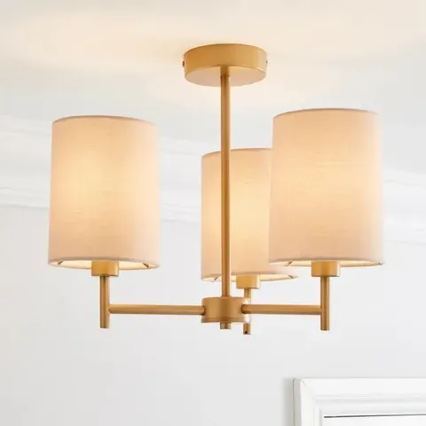 BOXED PRESCOT 3 LIGHT SEMI FLUSH CEILING LIGHT - GOLD & NATURAL