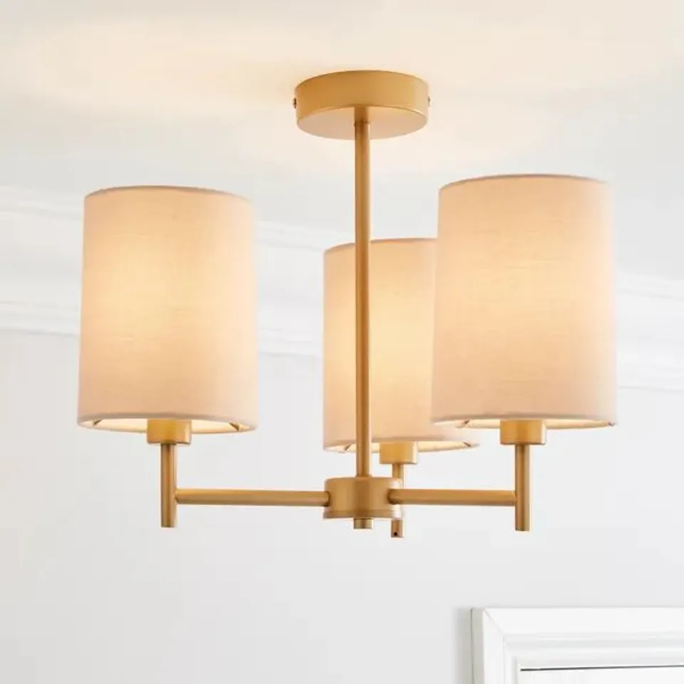 BOXED PRESCOT 3 LIGHT SEMI FLUSH CEILING LIGHT - GOLD & NATURAL 