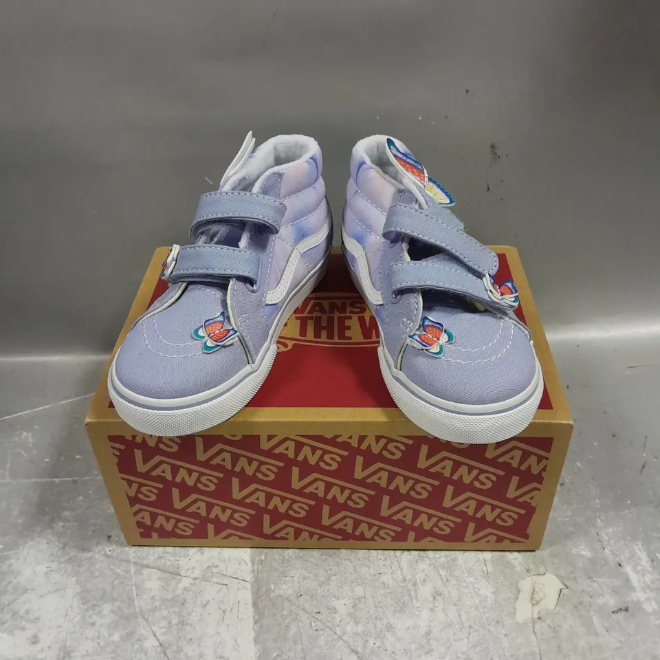 BOXED PAIR OF VANS OFF THE WALL SK8-MID REISSUE BUTTERFLY SHOES IN PURPLE MIX SIZE KIDS UK 9.5