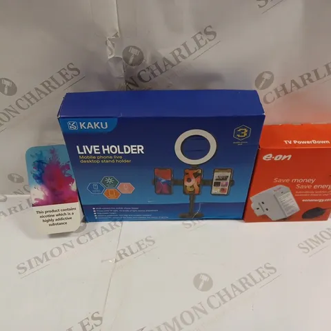 BOX OF APPROXIMATELY 20 ASSORTED ITEMS INCLUDING KAKU MOBILE PHONE LIVE DESKTOP STAND HOLDER, EON TV POWERDOWN, XOMO MIMI