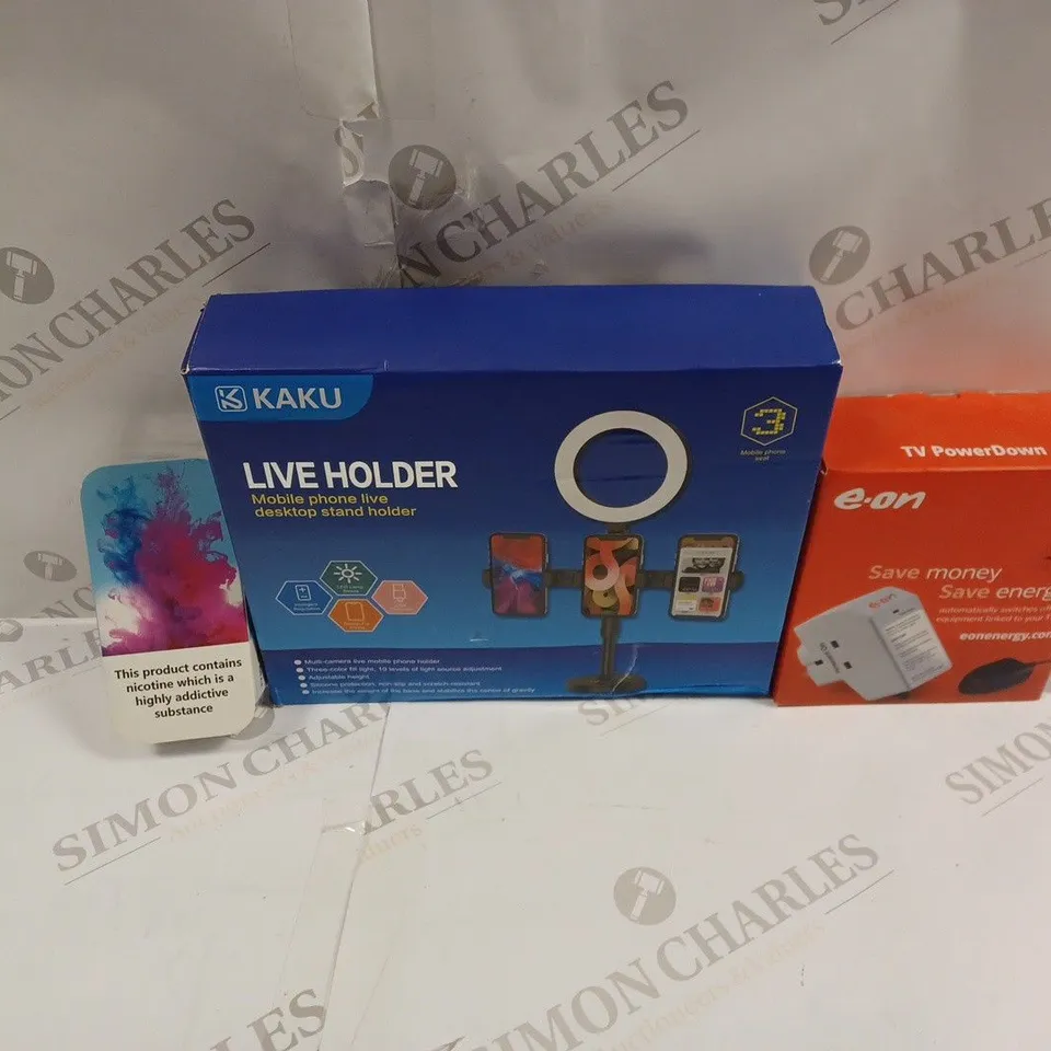 BOX OF APPROXIMATELY 20 ASSORTED ITEMS INCLUDING KAKU MOBILE PHONE LIVE DESKTOP STAND HOLDER, EON TV POWERDOWN, XOMO MIMI