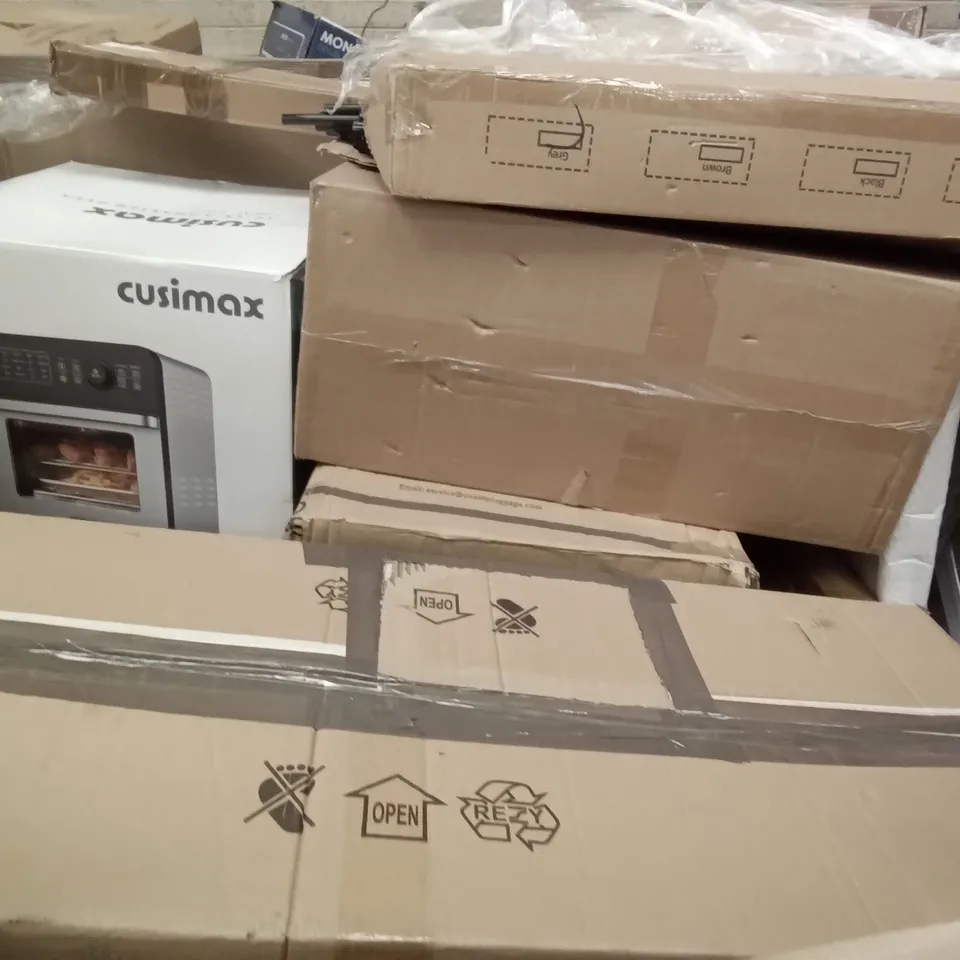 PALLET OF ASSORTED ITEMS INCLUDING RISING CUSHION, HEATED THROW, SORTFIELD ELECTRICAL CONVECTOR HEATER, ELEMUSE MATTRESS TOPPER, CUSIMAX AIR FRYER OVEN, GETFIT PREMIUM AIR BED