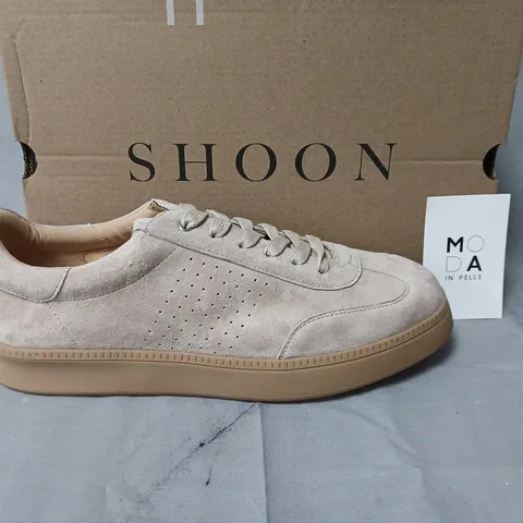 boxed pair of shoon ember suede slim sole trainers in beige - 40