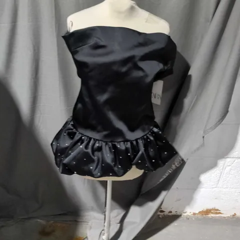 ZARA WOMEN'S BLACK SATIN OFF-SHOULDER EVENING DRESS WITH RUCHED BODICE AND SPARKLE-EMBELLISHED PUFF SKIRT SIZE XS